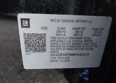 2021 Chevrolet Malibu Fwd Ls из США, поврежденный, VIN 1G1ZB5ST9MF045472